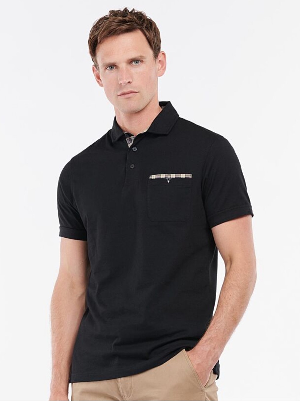 Barbour Corpatch Polo Shirt Men’s L Black Tartan Plaid Trim Cotton Pocket